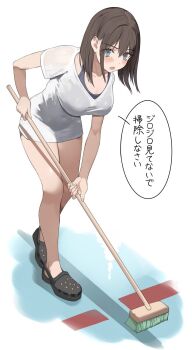 1girl blue_eyes blush bottomless breasts brown_hair commentary_request crocs full_body highres kureha_(ironika) large_breasts long_hair looking_at_viewer one-piece_swimsuit open_mouth original shirt simple_background solo sweeping swimsuit translation_request tsubasa_(kureha) white_shirt