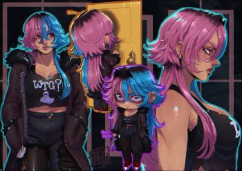 1girl black_pantyhose blackberreh-art blue_hair breasts cleavage coat dark-skinned_female dark_skin design_speculation door earrings eyelashes face_piercing fat goth_fashion highres jewelry labret_piercing lips long_hair melanie_king multicolored_hair pants pantyhose piercing pink_hair roots_(hair) split-color_hair the_magnus_archives thick_lips