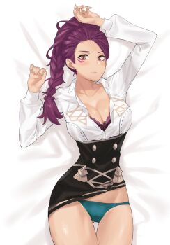 1girl arm_up blue_panties bra braid breasts brown_eyes clothes_lift collarbone dark-skinned_female dark_skin facial_tattoo female_focus fire_emblem fire_emblem:_three_houses gluteal_fold j@ck lace lace-trimmed_bra lace_trim large_breasts looking_at_viewer lying nintendo on_back open_clothes open_shirt panties petra_macneary purple_hair skirt skirt_lift solo tan tattoo thigh_gap underwear