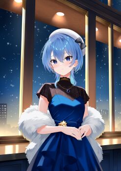 1girl absurdres black_bow blue_dress blue_eyes blue_gem blue_hair blue_nails blush bow breasts brooch check_commentary closed_mouth commentary_request cowboy_shot dot_nose double-parted_bangs dress earrings evening_gown fur-trimmed_shawl fur_trim gem gold_necklace hair_between_eyes hat hat_bow highres hololive hoshimachi_suisei indoors jewelry lace_dress looking_at_viewer medium_breasts medium_hair nail_polish necklace own_hands_together plaid_bow shawl solo star_(sky) star_(symbol) star_brooch star_in_eye symbol_in_eye telu_(teluscarlet) virtual_youtuber white_hat