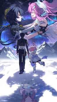 Rule 34 | 1boy, 2girls, adoptive parent and adoptive child, aemeath (wuthering waves), aemeath (young) (wuthering waves), aurora, black gloves, black hair, black jacket, black pants, closed eyes, closed mouth, commentary, cyxndmr, different reflection, facing another, father and daughter, female rover (perpetual spark) (wuthering waves), female rover (wuthering waves), fingerless gloves, gloves, hair ornament, highres, holding hands, jacket, looking at another, male rover (perpetual spark) (wuthering waves), male rover (wuthering waves), mother and daughter, multiple girls, multiple views, outdoors, pants, pink hair, pointing, pointing up, ponytail, reflection, rover (wuthering waves), smile, tacet mark (wuthering waves), white gloves, wuthering waves, yellow eyes