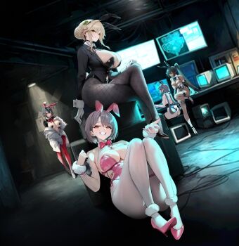 5girls ade_(agent_bunny)_(nikke) ade_(nikke) animal_ears bay_(nikke) bay_(radiant_rabbit)_(nikke) black_choker black_hair black_jacket blurry bow bowtie braid breast_curtains breasts bun_with_braided_base choker clothing_cutout clover_hair_ornament collared_shirt colored_inner_hair crossed_legs depth_of_field elbow_gloves exia_(hacker_rabbit)_(nikke) exia_(nikke) fishnet_pantyhose fishnets four-leaf_clover_hair_ornament game_cg gloves goddess_of_victory:_nikke green_eyes grey_hair hair_ornament headset high_heels highleg highleg_leotard hiphighs huge_breasts indoors jacket leotard looking_at_viewer low_twintails milk_(blooming_bunny)_(nikke) milk_(nikke) monitor multicolored_hair multiple_girls navel_cutout non-web_source off-shoulder_shirt off_shoulder official_alternate_costume official_art pantyhose pasties pink_nails playboy_bunny ponytail rabbit_ears rabbit_tail red_hiphighs reverse_bunnysuit reverse_outfit rouge_(nikke) rouge_(unlucky_rabbit)_(nikke) shirt side-tie_leotard sidelocks sitting skindentation smile standing streaked_hair tail thigh_strap thighhighs twintails undersized_breast_cup white_pantyhose wrist_cuffs