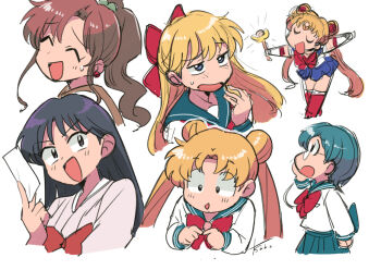 6+girls ^_^ aino_minako bishoujo_senshi_sailor_moon black_hair blue_hairband blue_sailor_collar blue_skirt bow bowtie brown_hair chibi circlet closed_eyes double_bun elbow_gloves gloves hair_bow hair_bun hairband high_ponytail hino_rei holding holding_ofuda japanese_clothes juuban_middle_school_uniform kino_makoto long_hair magical_girl miko mizuno_ami multiple_girls ofuda open_mouth outstretched_arms ponytail red_bow red_bowtie sailor_collar sailor_moon sailor_senshi sailor_senshi_uniform school_uniform serafuku shirt short_hair signature simple_background skirt smile spread_arms tsubobot tsukino_usagi twintails upper_body white_background white_gloves white_shirt