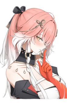 Rule 34 | 1girl, blush, body markings, braid, breasts, bright pupils, changli (wuthering waves), cleavage, closed mouth, colored extremities, colored skin, commentary, finger to mouth, gradient hair, hair extensions, hair intakes, hair ornament, highres, large breasts, long hair, looking at viewer, multicolored hair, pink hair, ponytail, red hands, red skin, ring hair extensions, shushing, simple background, smile, solo, twin braids, upper body, white background, white hair, white pupils, wuthering waves, yellow eyes, yuukun mk-ii