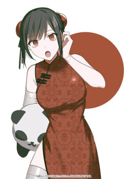 1girl adjusting_hair bare_shoulders black_hair bun_cover chihara_mai china_dress chinese_clothes commentary_request copyright_notice cowboy_shot double_bun dress hair_bun holding holding_stuffed_toy jirai_nan_desu_ka?_chihara-san looking_at_viewer open_mouth red_background red_dress red_eyes ryon_(ryonhei) second-party_source sidelocks single_bare_arm sleeveless sleeveless_dress solo standing stuffed_animal stuffed_panda stuffed_toy thighhighs two-tone_background unmoving_pattern white_background white_thighhighs