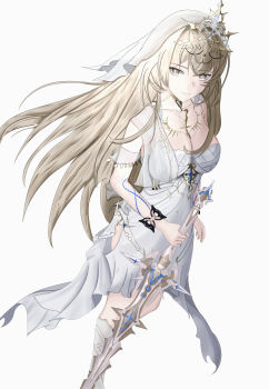 1girl absurdres bianca:_crepuscule_(pgr) bianca_(pgr) blonde_hair boots breasts cleavage closed_mouth collarbone commentary dress grey_background highres holding holding_sword holding_weapon large_breasts long_hair looking_to_the_side punishing:_gray_raven simple_background solo sword thigh_boots thighs veil vnartch weapon white_boots white_dress white_tiara white_veil yellow_eyes