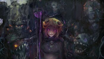 Rule 34 | 1girl, absurdres, artist name, blonde hair, capella emerada lugnica, fang, glowing, glowing eyes, grafelemart, hashtag-only commentary, highres, monster, open mouth, purple eyes, re:zero kara hajimeru isekai seikatsu, sharp teeth, smug, teeth, yellow eyes