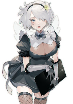 1girl absurdres blue_eyes breasts cleavage energy_wings flower hair_flower hair_ornament hair_over_one_eye highres holding holding_menu large_breasts menu mini_wings nier_(series) nier:automata shishamo_712 short_hair silver_hair skindentation solo sparkle thighhighs white_background wings 2b_(nier:automata)