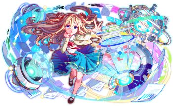 adapted_costume alternate_costume alternate_hair_ornament artist_request bar_chart bare_legs black_shoes blonde_hair blue_eyes buttons cel_shading crash_fever dress_shirt full_body game_cg graph hair_between_eyes hair_ribbon hologram holographic_interface horizontal-striped_skirt jacket lace-trimmed_socks light_particles long_hair long_skirt long_sleeves mary_janes mobius_(crash_fever) number_print numbered official_alternate_costume official_alternate_hair_ornament official_art open_clothes open_jacket open_mouth outline outstretched_arm outstretched_hand papers red_outline red_ribbon ribbon sailor_collar screen see-through_skirt_layer shaded_face shirt shirt_ribbon shoes skirt sleeves_past_wrists socks solo square square_print striped_collar tachi-e transparent_background two_side_up very_long_hair white_sailor_collar white_shirt white_socks yellow_jacket yellow_sleeves