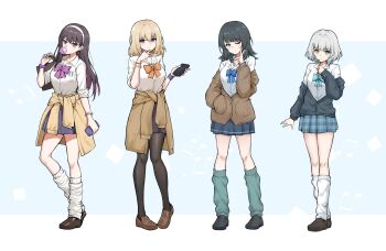 4girls absurdres bang_dream! bang_dream!_it&#039;s_mygo!!!!! black_cardigan black_hair black_pantyhose blonde_hair blue_eyes blue_leg_warmers blue_skirt blush bow bowtie breast_pocket brown_cardigan brown_shoes candy cardigan cardigan_around_waist cat_hair_ornament cellphone chinese_commentary closed_mouth clothes_around_waist commentary_request earrings food full_body gyaru hair_between_eyes hair_ornament hand_in_pocket heart heart_hair_ornament heterochromia highres holding holding_candy holding_food holding_lollipop holding_phone jewelry kaname_raana leg_warmers loafers lollipop long_hair matcha_(food) medium_hair misumi_uika mole mole_under_eye multiple_girls one_eye_closed orange_bow orange_bowtie pantyhose partially_unbuttoned phone plaid_clothes plaid_skirt pleated_skirt pocket purple_bow purple_bowtie purple_eyes raana_the_cat scrunchie shiina_taki shirt shoes skirt sleeves_rolled_up smartphone three-quarter_sleeves unique_(pixiv12704744) unmoving_pattern v white_leg_warmers white_shirt wrist_scrunchie yahata_umiri yellow_eyes