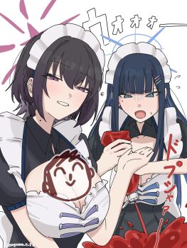 2girls alternate_costume apron blue_archive blue_hair blue_halo colored_inner_hair doodle_sensei_(blue_archive) halo highres maid maid_apron maid_headdress multicolored_hair multiple_girls nagomu_7_56 official_alternate_costume purple_halo saori_(blue_archive) sensei_(blue_archive) subaru_(blue_archive) upper_body