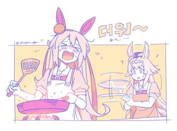 2girls ahoge animal_ears apron blush closed_eyes cooking ear_covers ear_ornament fang fanning fire frying_pan giragira_egao grey_hair hair_between_eyes hair_ornament hairband hand_fan headband holding holding_fan holding_frying_pan holding_spatula horse_ears horse_girl horse_tail long_hair multicolored_hair multiple_girls oguri_cap_(umamusume) open_mouth puffy_short_sleeves puffy_sleeves sailor_collar school_uniform shirt short_sleeves spatula stove sweat sweatdrop tail tamamo_cross_(umamusume) tracen_school_uniform umamusume umamusume:_cinderella_gray upper_body very_long_hair white_apron