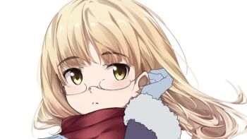1girl alternate_costume blonde_hair gloves hmd_1800 jacket long_hair looking_at_viewer perrine_h._clostermann portrait red_scarf scarf simple_background solo strike_witches white_background world_witches_series yellow_background