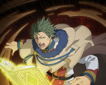 Rule 34 | 1boy, absurdres, alecdora sandler, belt, black belt, black clover, black clover m: rise of the wizard king, book, brown capelet, capelet, golden dawn (emblem), green hair, grimoire, highres, jacket, looking at viewer, multicolored jacket, non-web source, official art, open book, open mouth, red jacket, short hair, solo, spiked hair, teeth, two-tone jacket, upper body, white jacket