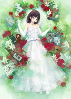 1girl baby_bottle bare_shoulders blue_eyes boku_no_pico book bottle brown_hair commentary_request cutting_board dress dvd_case elbow_gloves envelope female_focus flower frilled_dress frills full_body gloves highres jewelry kath knife lily_(flower) long_dress mars_symbol medium_hair microphone necklace nijisanji open_mouth plant red_flower red_rose rose sake_bottle smile solo strapless strapless_dress suzuka_utako suzuka_utako_(3rd_costume) tiara virtual_youtuber w_arms white_dress white_footwear white_gloves