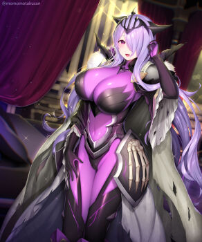 1girl black_gloves bodysuit breasts camilla_(fire_emblem) camilla_(light_of_nohr)_(fire_emblem) camilla_(light_of_nohr)_(resplendent)_(fire_emblem) cape cleavage crown fire_emblem fire_emblem_fates fire_emblem_heroes full_body gloves hair_over_one_eye highres huge_breasts kashiwamochi_yomogi long_hair nintendo official_alternate_costume open_mouth pink_eyes purple_hair smile solo tiara very_long_hair wavy_hair