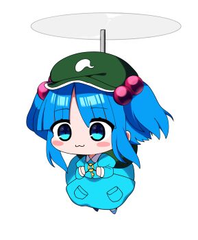 1girl :3 absurdres blue_eyes blue_hair blue_shirt blue_shoes blue_skirt blush_stickers chibi closed_mouth commentary_request green_hat hair_bobbles hair_ornament hat highres juliet_sleeves kawashiro_nitori long_sleeves looking_ahead no_nose parted_bangs pocket puffy_sleeves shirt shoes skirt solo touhou transparent_background two_side_up you_(noanoamoemoe)