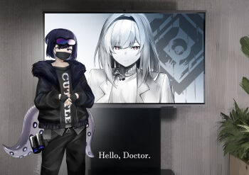 Rule 34 | 1girl, absurdres, andreana (arknights), arknights, artist name, black gloves, black jacket, black mask, black pants, black shirt, commentary, english commentary, english text, fingerless gloves, fur-trimmed jacket, fur trim, gloves, goggles, goggles on head, gradient-tinted eyewear, highres, indoors, irkawaza, jacket, looking at viewer, mask, monitor, mouth mask, open clothes, open jacket, pants, priestess (arknights), purple eyes, purple hair, shirt, solo, tentacle girl, tinted eyewear