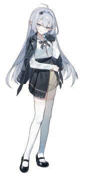 1girl absurdres alternate_costume black_gloves black_shoes closed_mouth collared_shirt commentary female_tyrant_(stella_sora) full_body gloves grey_hair highres huu_(dighapdlxm12) long_hair long_sleeves parted_lips pointy_ears shirt shoes simple_background single_glove smile solo standing stella_sora symbol-only_commentary thighhighs tyrant_(stella_sora) white_background white_shirt white_thighhighs zettai_ryouiki