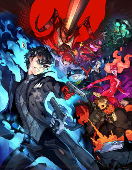 3boys 4girls amamiya_ren arsene_(persona_5) atlus axe battle black_jacket broken_mask cat_mask clenched_hands clenched_teeth fox_(persona_5) green_eyes gun handgun highres in_the_face industrial_pipe jacket joker_(persona_5) kitagawa_yuusuke looking_at_viewer mask messy_hair morgana_(persona_5) multiple_boys multiple_girls necronomicon_(persona_5) niijima_makoto noir_(persona_5) official_art okumura_haru open_mouth oracle_(persona_5) panther_(persona_5) persona persona_5 persona_5_scramble:_the_phantom_strikers queen_(persona_5) sakamoto_ryuuji sakura_futaba skull_(persona_5) slingshot_(weapon) smile soejima_shigenori sword takamaki_anne teeth torn_clothes ufo weapon whip