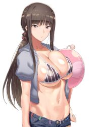 Rule 34 | 1girl, anglerfish, ball, bikini, blush, breasts, brown eyes, brown hair, cleavage, collarbone, commentary request, fish, frown, girls und panzer, groin, hair ornament, hair scrunchie, highres, hood, hoodie, inflatable toy, large breasts, long hair, mature female, navel, nishizumi shiho, open clothes, open hoodie, ponytail, scrunchie, shiny skin, short shorts, shorts, sideboob, simple background, solo, straight hair, striped bikini, striped clothes, swimsuit, tenchisouha, toned, unbuttoned, underboob, white background