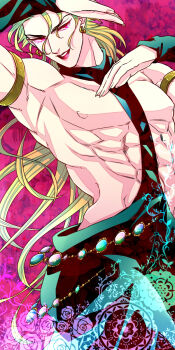 1boy abs ambush_(trap) androgynous bishounen blonde_hair dio_brando earrings highres jewelry jojo_no_kimyou_na_bouken lipstick long_hair makeup parted_lips red_eyes solo stardust_crusaders yomotsuki_road