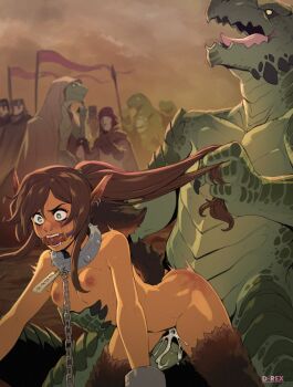 1girl 6+boys artist_name black_nails blush brown_hair chain chain_leash closed_mouth collar colored_skin commentary commission cum d-rex earrings english_commentary fur-trimmed_thighhighs fur_trim gag gagged green_eyes green_skin highres interspecies jewelry leash lizard_tail long_hair makeup metal_collar multiple_boys nipples open_mouth original outdoors ponytail rape reptile_boy runny_makeup tail tears thighhighs tongue yellow_eyes