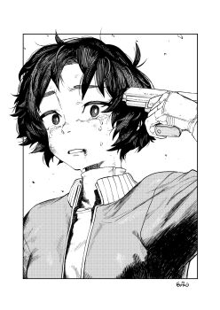 1girl absurdres border collared_jacket commentary crying crying_with_eyes_open ez_tanishi gloves greyscale gun gun_to_head handgun highres holding holding_gun holding_weapon imminent_suicide jacket monochrome open_mouth original outside_border short_hair signature solo symbol-only_commentary tears upper_body weapon
