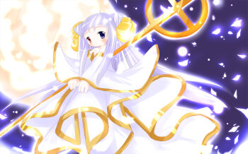 1girl 2000s_(style) blue_eyes blunt_bangs blush commentary_request cone_hair_bun crosier double_bun dress full_body hair_bun heterochromia holding holding_staff koba-p long_dress long_hair looking_at_viewer petals pope_(ragnarok_online) purple_background ragnarok_online red_eyes solo staff white_dress white_hair