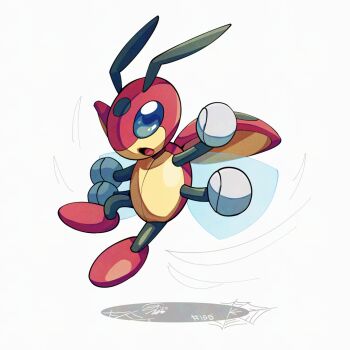 antennae full_body gen_2_pokemon ledian looking_at_viewer mistray-art nintendo no_humans open_mouth pokemon pokemon_(creature) signature simple_background solo white_background