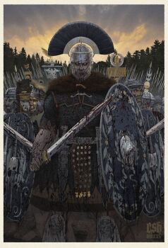 Rule 34 | 6+boys, absurdres, armor, armored boots, battle standard, bird, blood, boots, cape, chainmail, christian sloan hall, eagle, fur cape, grey eyes, helmet, highres, holding, holding polearm, holding shield, holding sword, holding weapon, mask, multiple boys, original, pelt, plume, polearm, roman empire, roman numeral, scabbard, scared, sheath, shield, spear, sword, traditional media, weapon