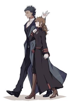 1boy 1girl badge belt black_coat black_hair black_order_uniform black_pants black_shoes blue_coat blue_vest boots breasts brown_boots brown_eyes brown_hair closed_eyes coat d.gray-man dark-skinned_male dark_skin earrings facial_mark facing_to_the_side forehead_mark gloves hair_between_eyes hair_slicked_back hand_up high_heel_boots high_heels highres jewelry long_coat long_hair long_sleeves looking_at_another low_ponytail male_focus mature_female mature_male medium_breasts military military_uniform miranda_lotto mole mole_under_eye noah_(d.gray-man) pants parted_lips ponytail profile saddle_shoes shirt shoes short_hair sidelocks signature simple_background sodamachi striped_coat stud_earrings sweat sweatdrop twitter_username tyki_mikk vertical-striped_coat vest wavy_hair white_background white_gloves white_shirt