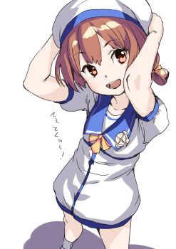 1girl 30-06 blue_sailor_collar bow brown_eyes brown_hair dress from_above hair_rings hands_on_own_head hat highres kaiboukan_no._4_(kancolle) kantai_collection looking_at_viewer low_twintails sailor_collar sailor_dress sailor_hat short_hair short_sleeves simple_background solo twintails white_background white_dress white_hat yellow_bow