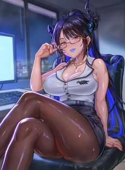 Rule 34 | 1girl, adjusting eyewear, asymmetrical horns, black hair, black horns, blue hair, blue lips, breasts, brown pantyhose, chair, cleavage, commentary, computer keyboard, crossed legs, demon horns, desk, english commentary, freeze-ex, glasses, gold necklace, high ponytail, highres, hololive, hololive english, horns, jewelry, large breasts, lipstick, long hair, looking at viewer, makeup, mole, mole under eye, monitor, multicolored hair, necklace, nerissa ravencroft, nerissa ravencroft (casual), night, office lady, pantyhose, ponytail, purple lips, red eyes, sitting, solo, sweat, swivel chair, textless version, two-tone hair, uneven horns, virtual youtuber, window