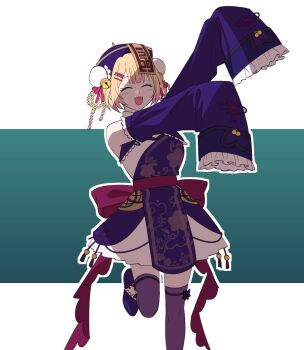 1girl aqua_background bell bell_sleeves blonde_hair bow braid braided_hair_rings bun_cover chinese_clothes closed_eyes detached_sleeves double_bun dress fang frilled_sleeves frills gradient_hair hair_bell hair_bun hair_ornament hair_rings hat hololive jiangshi jiangshi_costume momosuzu_nene momosuzu_nene_(jiangshi) multicolored_hair official_alternate_color official_alternate_costume official_alternate_hairstyle ofuda ofuda_on_head open_mouth outstretched_arms pink_hair purple_dress purple_hat purple_shoes purple_sleeves purple_thighhighs qingdai_guanmao quad_hair_rings red_bow shoes short_hair sleeve_bell sleeves_past_fingers sleeves_past_wrists smile solo standing standing_on_one_leg thighhighs two-tone_background uuoftn virtual_youtuber waist_bow white_background zombie_pose