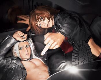 2boys alternate_costume biting_own_lip black_boots black_choker black_nails blue_eyes boots car_interior choker cornbaijin18605 earrings final_fantasy final_fantasy_vii genesis_rhapsodos grey_hair jacket jewelry long_hair long_sleeves looking_at_viewer male_focus middle_finger multiple_boys open_clothes open_jacket pectorals piercing red_hair ring sephiroth short_hair sitting slit_pupils smile sweat teeth vehicle_interior yaoi