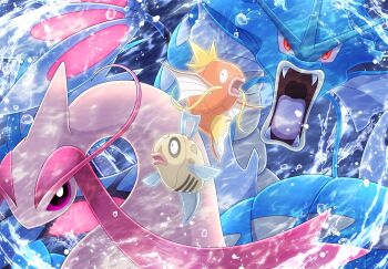 antennae commentary evolutionary_line fangs feebas fins gen_1_pokemon gen_3_pokemon gyarados head_fins looking_at_viewer magikarp maiko_(mimi) milotic nintendo no_humans open_mouth pink_eyes pink_hair pokemon pokemon_(creature) red_eyes sidelocks water