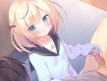 1boy 1girl bat_hair_ornament blonde_hair blue_cardigan blush bottomless cardigan censored closed_mouth erection flat_chest game_cg green_eyes hair_ornament handjob hetero large_variant_set loli mainichi_kiss_shite_lolita mihato_(mainichi_kiss_shite_lolita) mosaic_censoring non-web_source penis penis_under_another&#039;s_clothes piyodera_mucha precum short_hair sleevejob two_side_up variant_set