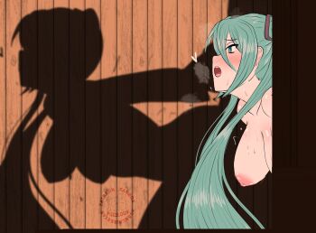 1girl bent_over blue_eyes blue_hair blush breasts breath commentary english_commentary fuzzlogik hatsune_miku heart highres large_breasts long_hair nipples sex sex_from_behind shadow solo_focus standing standing_sex vocaloid