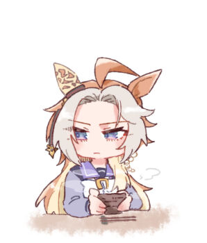 1girl ahoge animal_ears beer_hsk blonde_hair blue_eyes border brown_hair chopsticks forehead grey_hair holding horse_ears looking_to_the_side multicolored_hair orfevre_(umamusume) purple_shirt school_uniform shirt simple_background solo tracen_school_uniform two-tone_hair umamusume upper_body v-shaped_eyebrows white_background white_border