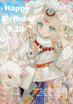 1girl :d absurdres animal blonde_hair blue_eyes blush commentary_request english_text flower hand_up highres jewelry long_hair long_sleeves looking_at_viewer open_mouth original pink_flower pink_nails sheep shi_mita smile solo white_hair