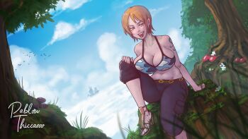 1girl absurdres artist_name bare_shoulders blue_sky breasts brown_eyes capri_pants cloud high_heel_sandals highres large_breasts looking_at_viewer nami_(one_piece) nami_(one_piece)_(skypiea) navel one_piece orange_hair pablow_thiccasso pants sandals short_hair shoulder_tattoo sky skypiea smile solo tattoo tongue tongue_out tree