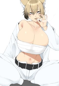 1girl blonde_hair breasts cigarette huge_breasts smoking