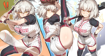 1girl absurdres ahoge ass ball baseball_(object) baseball_bat baseball_glove baseball_uniform batting_stance black_sleeves black_thighhighs blush breasts fate/grand_order fate_(series) grey_hair highres jeanne_d&#039;arc_alter_(fate) large_breasts looking_at_viewer mittens multiple_views radishkek shirt short_hair short_sleeves shorts sportswear thighhighs white_shirt white_shorts yellow_eyes