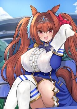 1girl animal_ears blue_jacket blush bow breasts brown_hair center_frills commentary_request crossed_legs daiwa_scarlet_(peak_blue)_(umamusume) daiwa_scarlet_(umamusume) epaulettes fang framed_breasts frills garter_straps hair_intakes highres horse_ears horse_girl horse_tail jacket juliet_sleeves large_breasts layered_legwear layered_skirt long_hair long_sleeves looking_at_viewer open_mouth puffy_sleeves red_eyes shouga_(mede) skirt smile solo sweat tail tiara towel twintails umamusume underbust very_long_hair wet wet_clothes