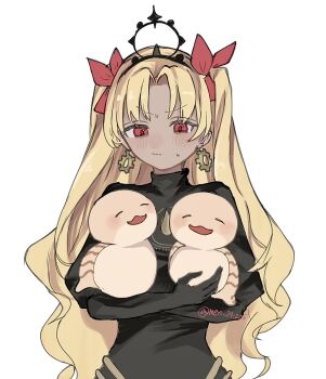 1girl animal black_gloves black_tiara blonde_hair blush bow dark-skinned_female dark_skin earrings ereshkigal_(fate) ereshkigal_alter_(fate) fate/grand_order fate_(series) gloves hair_bow highres holding holding_animal holding_snake hoop_earrings jewelry long_hair long_sleeves meri_241205 red_bow red_eyes simple_background snake solo sweatdrop tiara two_side_up upper_body white_background