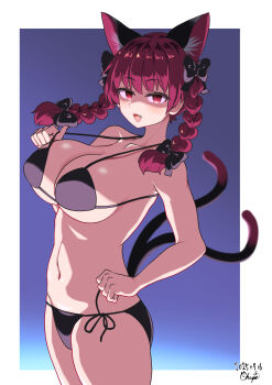 1girl absurdres animal_ear_fluff animal_ears bikini bikini_pull black_bikini black_bow bow braid breasts cat_ears cat_girl cat_tail chups cleavage clothes_pull collarbone commentary dated extra_ears fang hair_bow highres kaenbyou_rin large_breasts looking_at_viewer multiple_tails navel open_mouth pulling_own_clothes red_eyes red_hair shaded_face side_braids solo swimsuit tail touhou twin_braids two_tails