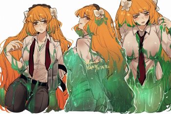 09wave_hb 1girl arms_behind_back bow breasts brown_hairband collared_shirt commentary_request e.g.o_(project_moon) freckles green_eyes hair_bow hairband ishmael_(project_moon) large_breasts limbus_company long_hair multicolored_hair multiple_views open_mouth orange_hair project_moon rope shirt simple_background sloshing_(e.g.o) streaked_hair technology_liberation_alliance_(identity)_(project_moon) very_long_hair white_background white_bow white_shirt