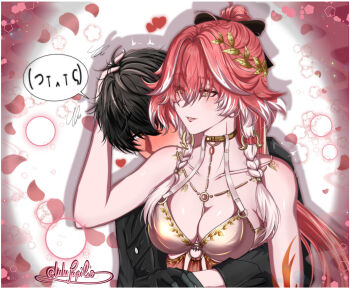 Rule 34 | 1boy, 1girl, absurdres, bare shoulders, black bow, blush, body markings, bow, braid, breasts, changli (laurel nymph) (wuthering waves), changli (wuthering waves), cleavage, collarbone, commentary, english commentary, eyes visible through hair, hair bow, hair extensions, hair over one eye, highres, hug, hug from behind, laurel crown, long hair, looking at another, male rover (wuthering waves), medium breasts, multicolored hair, official alternate costume, okamilulu, pink hair, ring hair extensions, rover (wuthering waves), spoken expression, twin braids, two-tone hair, white hair, wuthering waves, yellow eyes