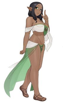 1girl absurdres armlet ashera_(yirtios) bandeau bare_shoulders belly_chain black_hair bracelet braid breasts cleavage colored_skin cosplay dark-skinned_female dark_skin full_body gold_armlet gold_bracelet green_eyes green_loincloth green_skin hand_up highres index_finger_raised jewelry large_breasts looking_at_viewer low_twin_braids navel nintendo original pelvic_curtain pointy_ears princess_zelda princess_zelda_(cosplay) sandals see-through_clothes see-through_skirt short_hair skirt smile solo standing the_legend_of_zelda the_legend_of_zelda:_tears_of_the_kingdom twin_braids white_bandeau yirtios